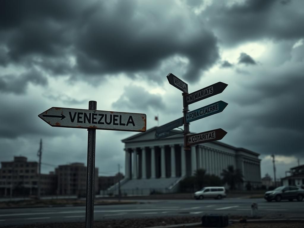 Flick International A desolate urban landscape featuring a weathered signpost indicating Venezuela amidst a shadowy courthouse backdrop.