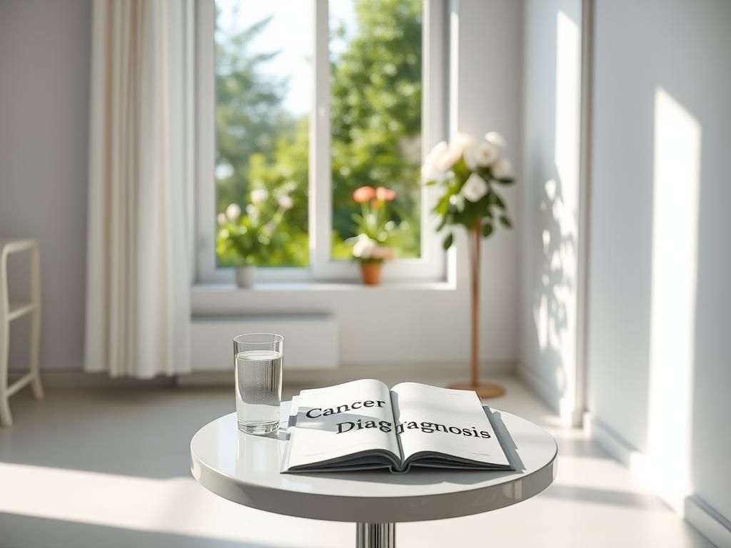 Flick International A serene hospital room with soft natural light and a medical report titled 'Cancer Diagnosis'.