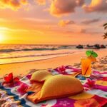 Flick International Vibrant beach scene at sunset with golden sand and a shimmering bikini
