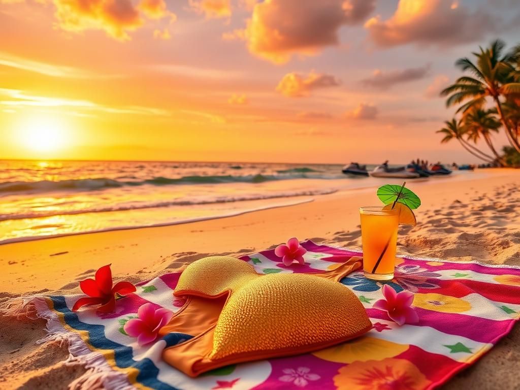 Flick International Vibrant beach scene at sunset with golden sand and a shimmering bikini