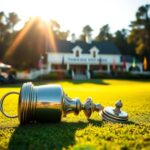 Flick International Close-up of the Wanamaker Trophy on a golf course with its lid slightly askew