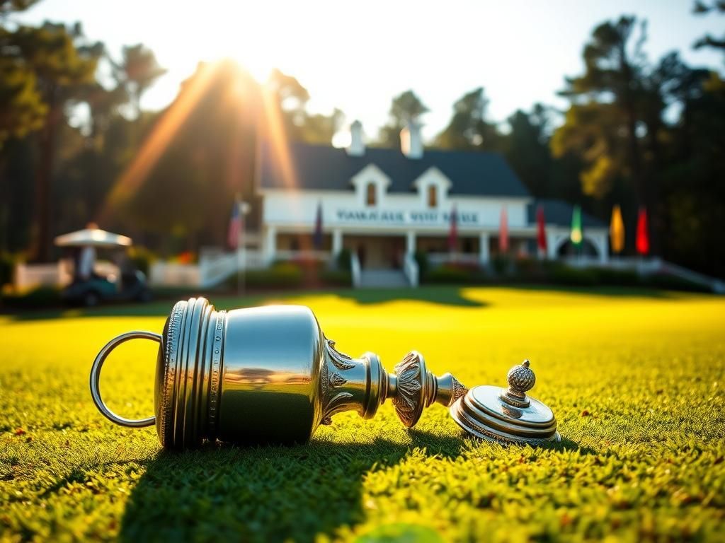 Flick International Close-up of the Wanamaker Trophy on a golf course with its lid slightly askew