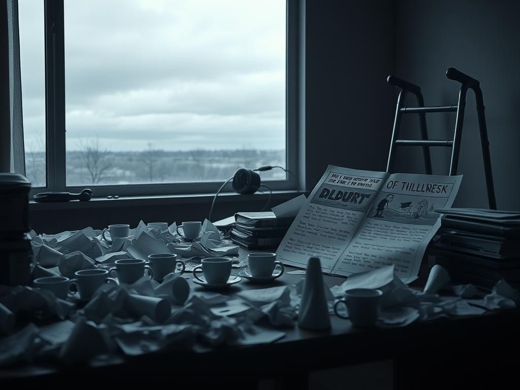 Flick International A somber workspace symbolizing the burden of creativity under illness