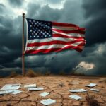 Flick International Weathered American flag against stormy skies symbolizing migrant distress