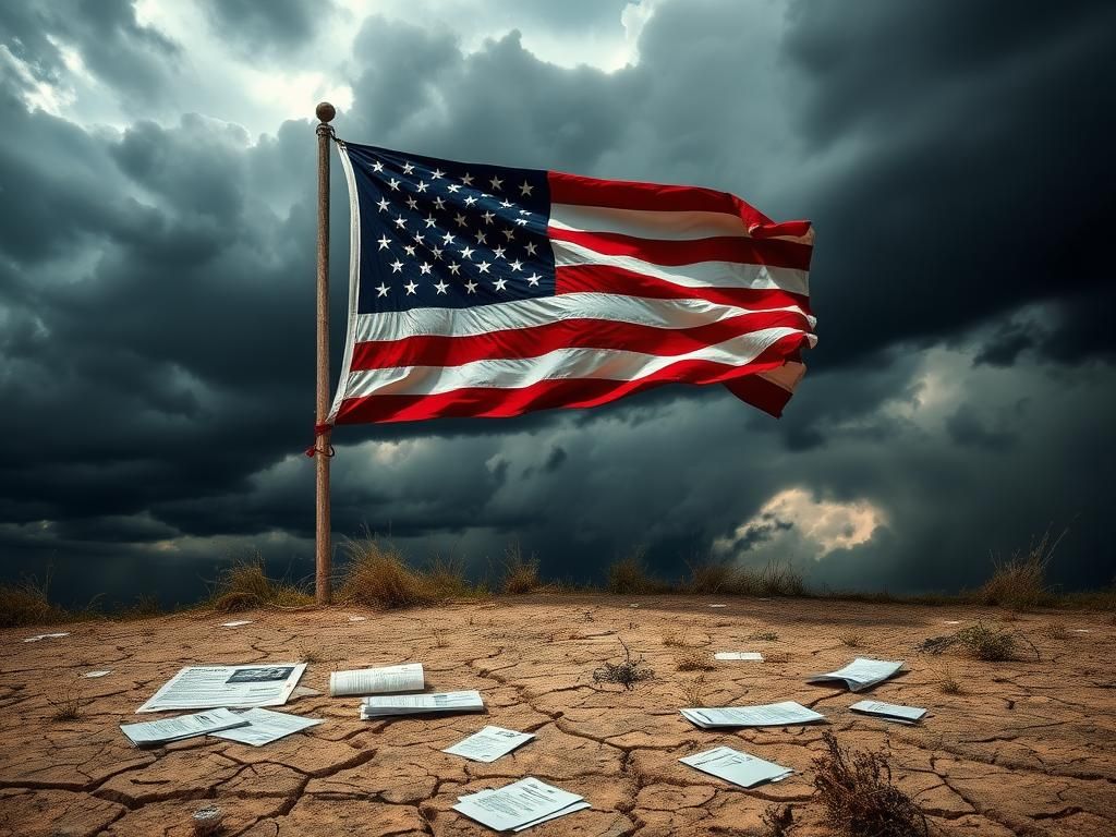 Flick International Weathered American flag against stormy skies symbolizing migrant distress
