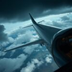 Flick International Airbus A321 flying dramatically through a turbulent sky with empty cockpit seats