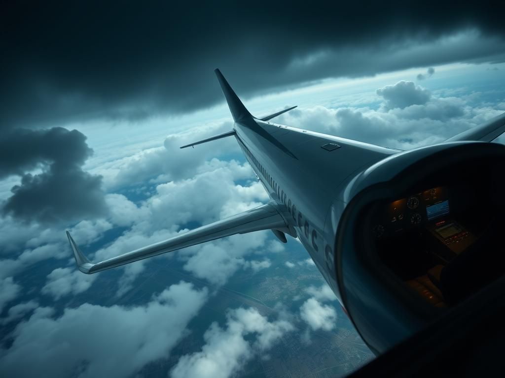 Flick International Airbus A321 flying dramatically through a turbulent sky with empty cockpit seats