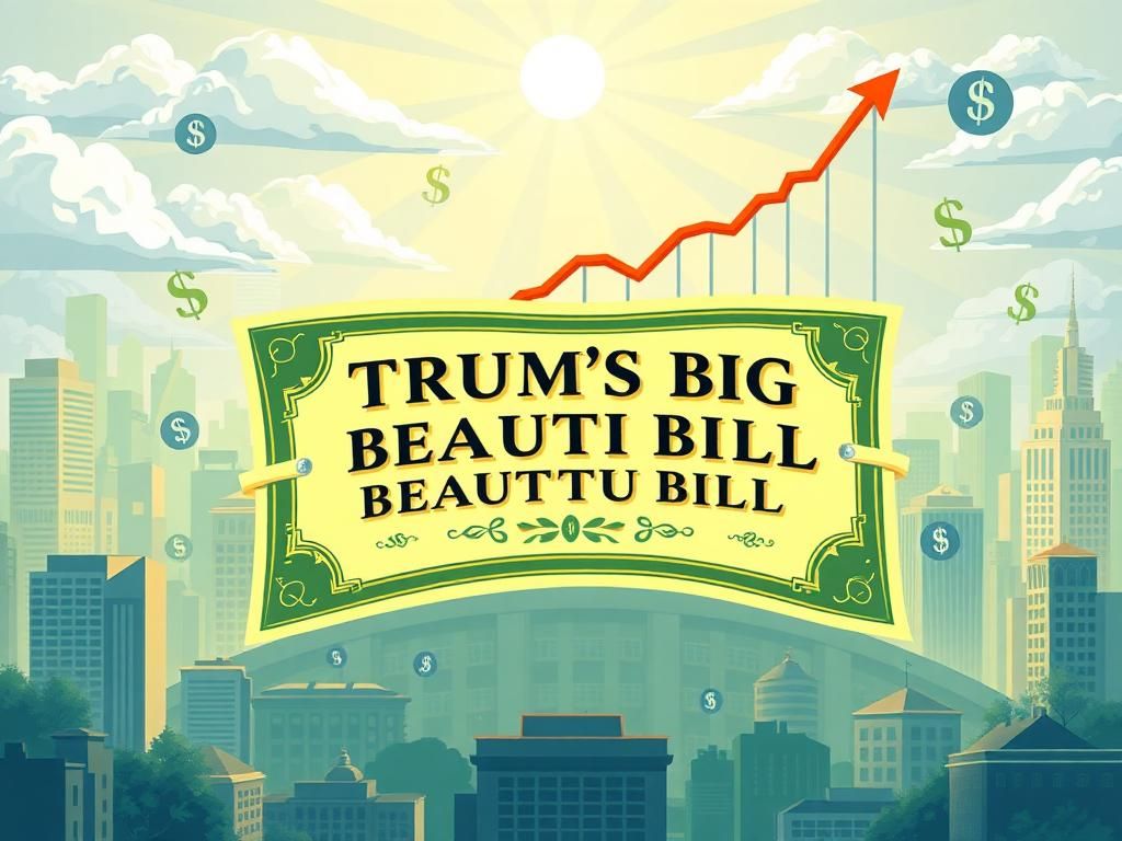 Flick International Illustration of Trump's Big, Beautiful Bill unfurling with dollar signs and tax symbols