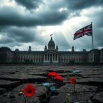 Flick International Dramatic landscape of a British parliamentary building under stormy skies with cracked earth symbolizing political upheaval