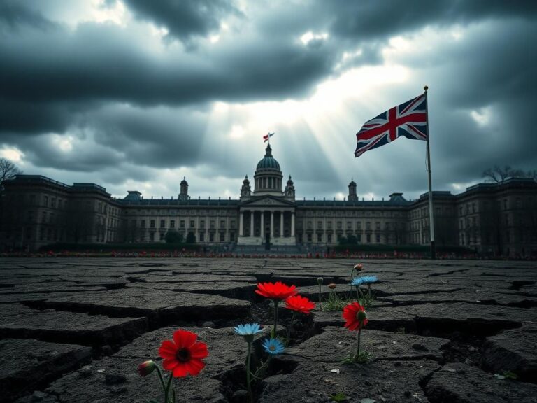 Flick International Dramatic landscape of a British parliamentary building under stormy skies with cracked earth symbolizing political upheaval