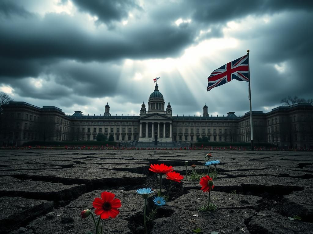 Flick International Dramatic landscape of a British parliamentary building under stormy skies with cracked earth symbolizing political upheaval
