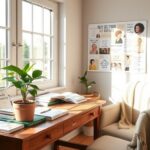 Flick International A serene workspace with natural light, featuring self-help books and a vision board.