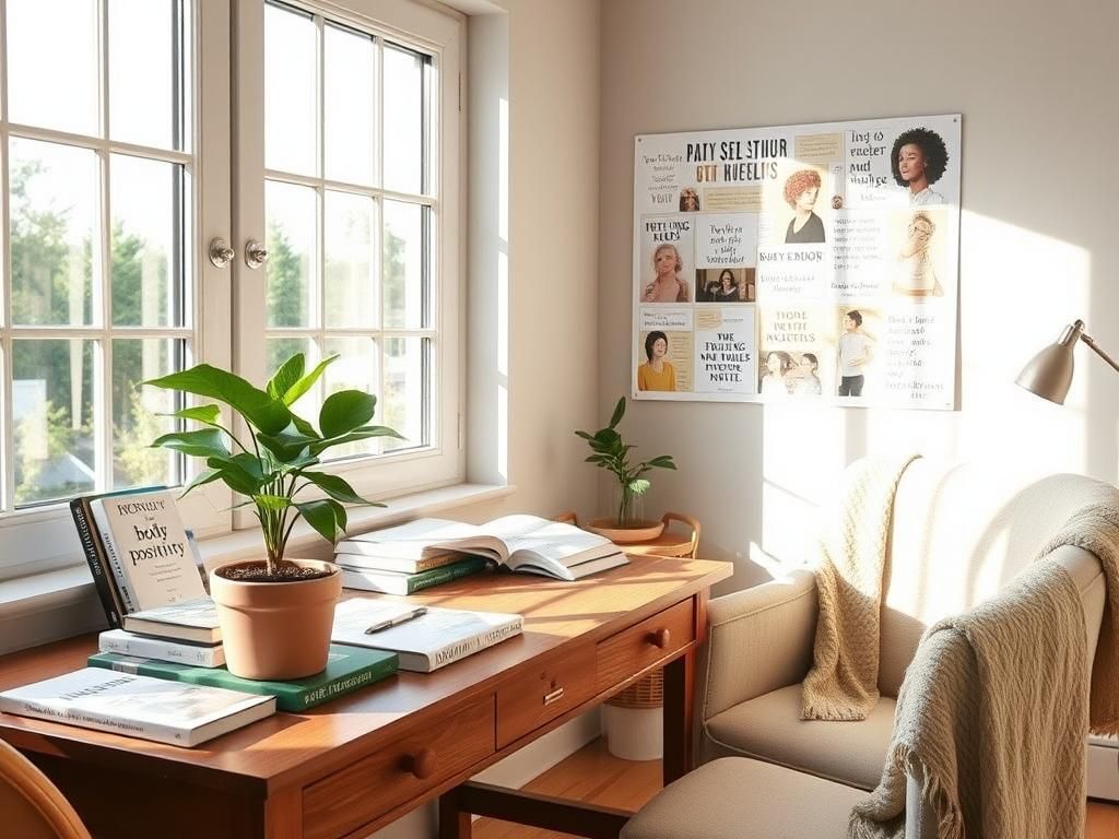 Flick International A serene workspace with natural light, featuring self-help books and a vision board.