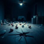 Flick International Dimly lit house party scene with cracked wooden floor symbolizing tragedy