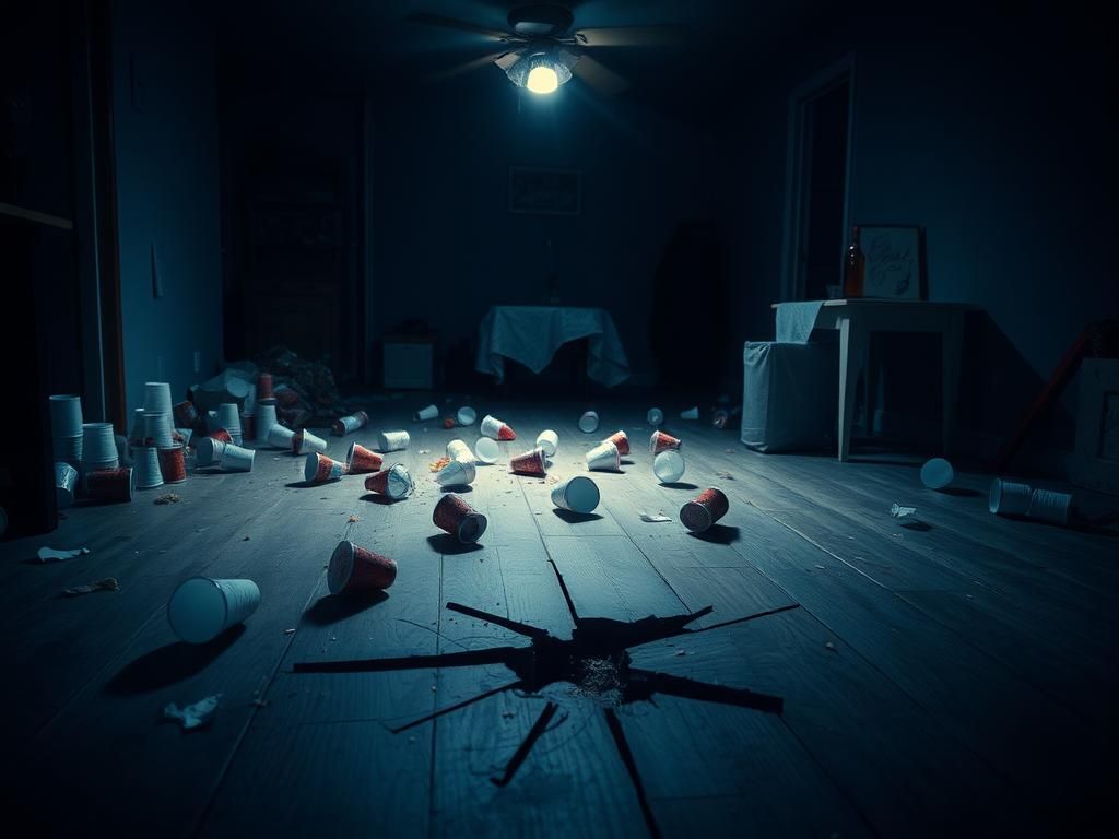 Flick International Dimly lit house party scene with cracked wooden floor symbolizing tragedy