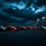 Flick International A dramatic scene of racing cars lined up at the Indianapolis Motor Speedway during dusk