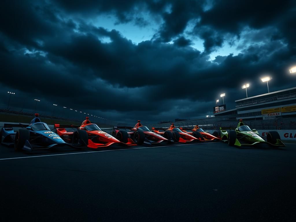 Flick International A dramatic scene of racing cars lined up at the Indianapolis Motor Speedway during dusk
