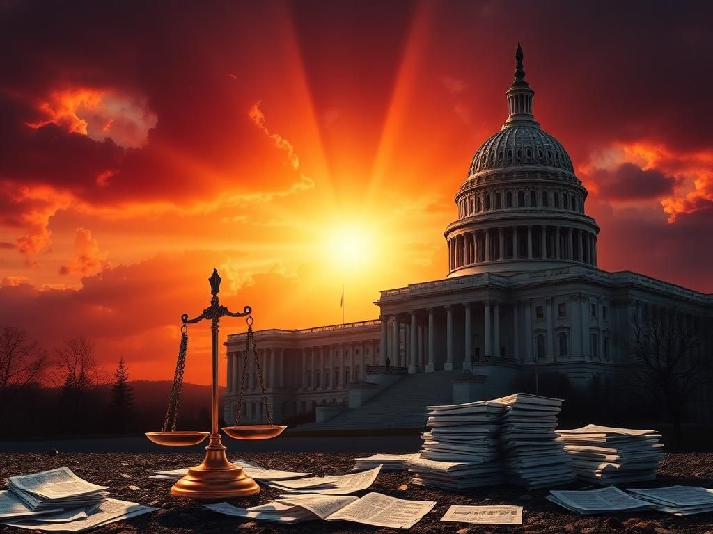 Flick International A symbolic representation of a crumbling Capitol building at sunset, with a broken scale of justice in the foreground