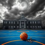Flick International A basketball court with symbolic elements representing struggle against oppression, blended with a historic black-and-white backdrop of a school.