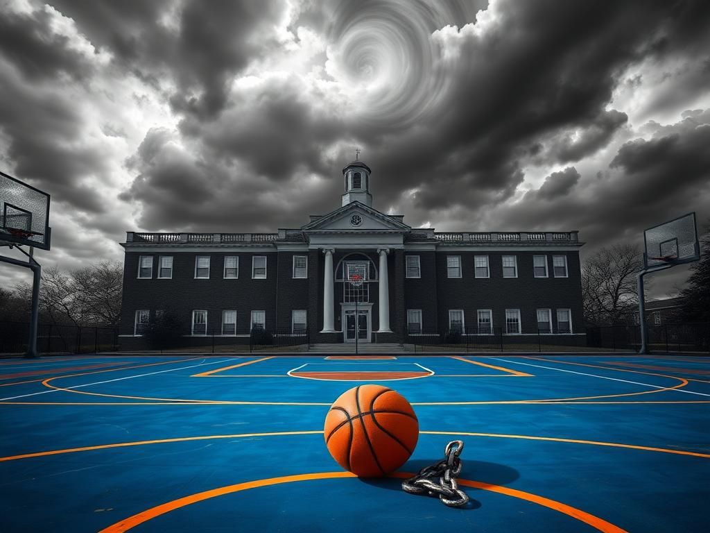 Flick International A basketball court with symbolic elements representing struggle against oppression, blended with a historic black-and-white backdrop of a school.
