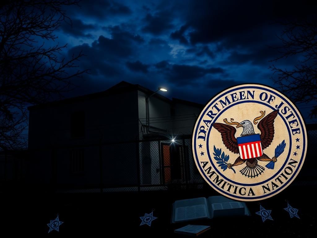 Flick International Dark and imposing California county jail at night with barbed wire