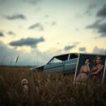 Flick International Vintage car crashed against a dusky sky, symbolizing loss and memory
