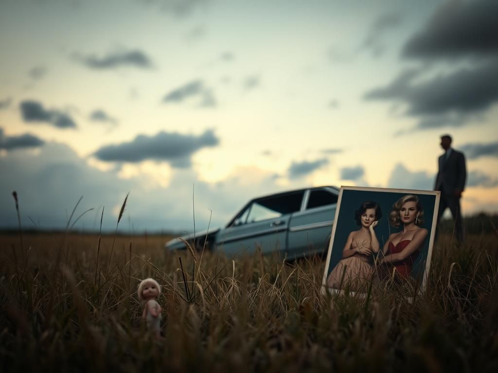 Flick International Vintage car crashed against a dusky sky, symbolizing loss and memory