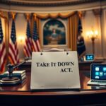 Flick International A solemn office setting featuring the Take It Down Act and symbolic justice elements