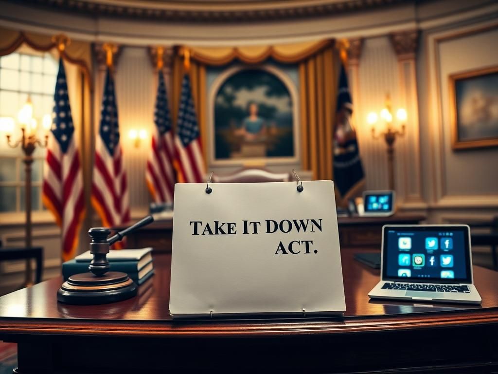 Flick International A solemn office setting featuring the Take It Down Act and symbolic justice elements