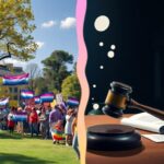 Flick International A split scene depicting a vibrant protest supporting transgender rights and a dim courtroom representing the legal battle over compelled speech