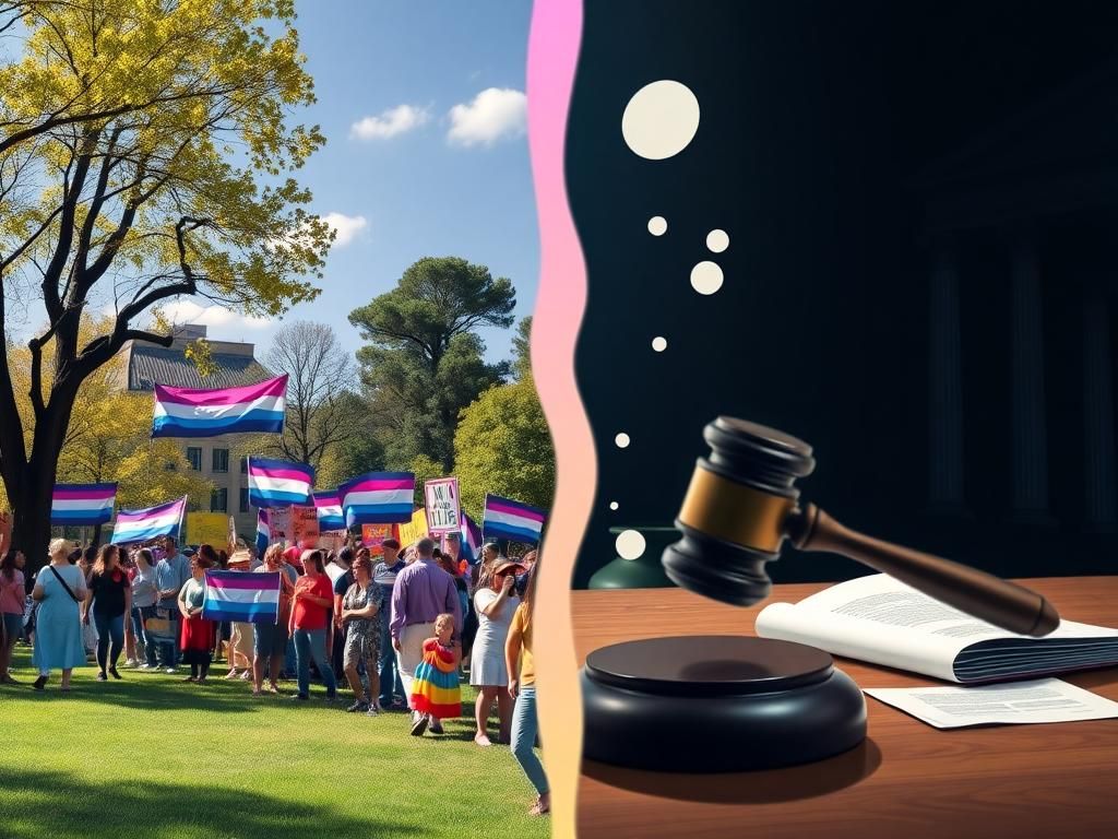 Flick International A split scene depicting a vibrant protest supporting transgender rights and a dim courtroom representing the legal battle over compelled speech