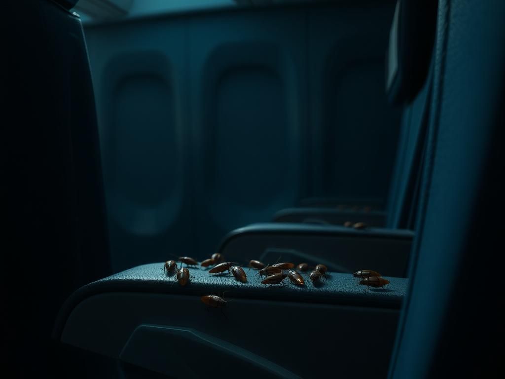 Flick International close-up view of cockroaches on an airplane seat armrest