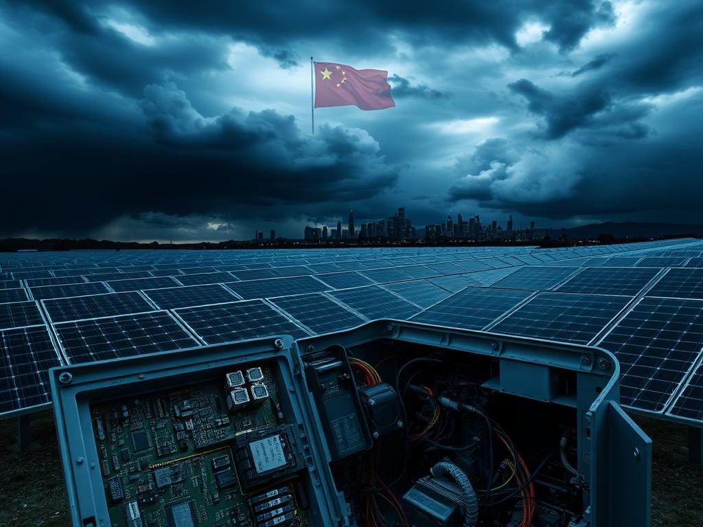 Flick International A solar farm under a dark, ominous sky with a disassembled solar inverter in the foreground