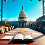 Flick International Grand view of Capitol Hill with empty conference room for Republican meeting