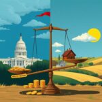 Flick International Conceptual illustration of Republican factions depicting tax debate differences with capitol building and countryside