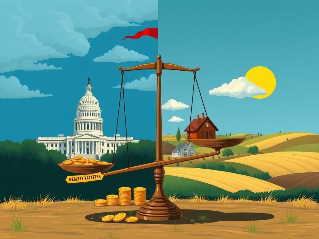 Flick International Conceptual illustration of Republican factions depicting tax debate differences with capitol building and countryside