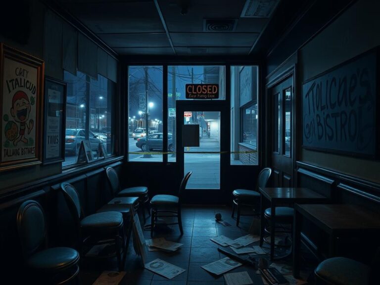 Flick International Abandoned interior of Bistro Baffi showing overturned chairs and scattered menus