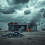 Flick International A haunting view of a partially damaged fertility clinic after an explosion, with smoke rising amidst shattered glass and debris.