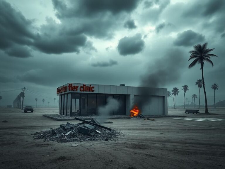 Flick International A haunting view of a partially damaged fertility clinic after an explosion, with smoke rising amidst shattered glass and debris.