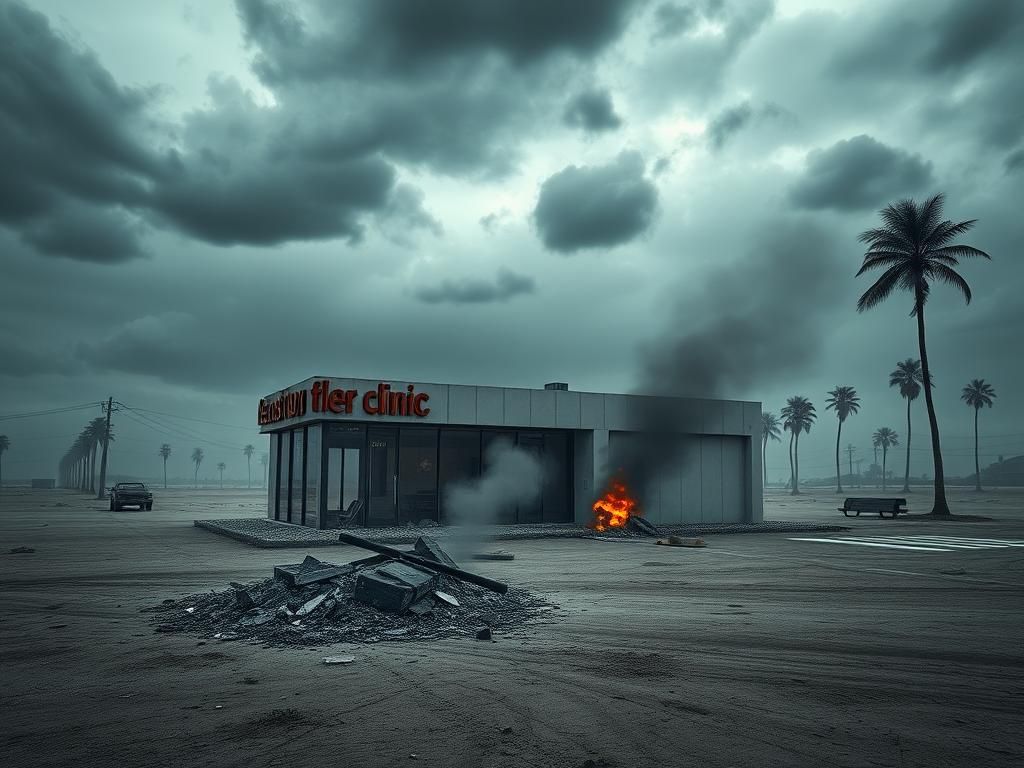 Flick International A haunting view of a partially damaged fertility clinic after an explosion, with smoke rising amidst shattered glass and debris.
