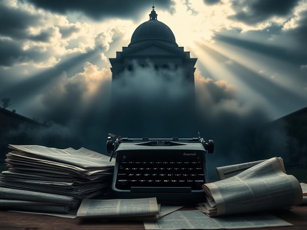 Flick International A stack of vintage newspaper articles and a typewriter with a silhouetted university building in the background symbolizing journalistic integrity.