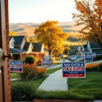 Flick International A bustling suburban neighborhood in Bethlehem, Pennsylvania showcasing colorful houses and tax cut yard signs