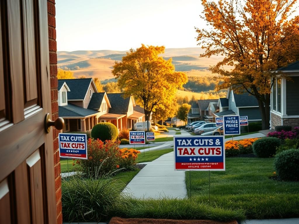 Flick International A bustling suburban neighborhood in Bethlehem, Pennsylvania showcasing colorful houses and tax cut yard signs