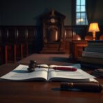Flick International Dimly lit courtroom with an open legal document and a gavel, symbolizing legal battles