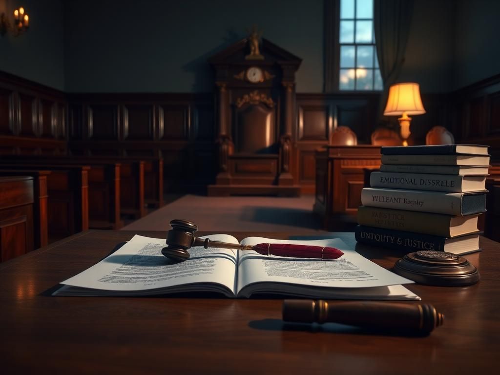 Flick International Dimly lit courtroom with an open legal document and a gavel, symbolizing legal battles