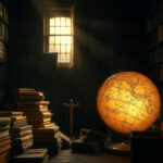 Flick International A dimly lit library filled with books on history and political theory showcasing a vintage globe and the Iron Curtain backdrop