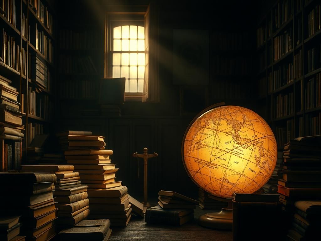 Flick International A dimly lit library filled with books on history and political theory showcasing a vintage globe and the Iron Curtain backdrop