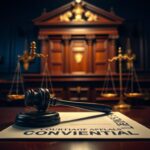 Flick International Dramatic courtroom scene with wooden bench and legal symbols