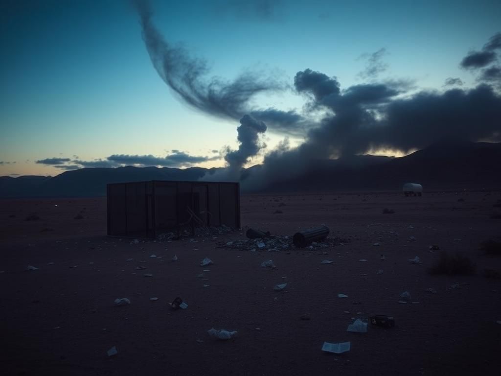 Flick International Shattered glass building at a desolate desert landscape representing a fertility clinic bombed