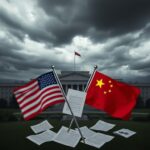 Flick International A large university building under a stormy sky with United States and Chinese flags crossed in the foreground
